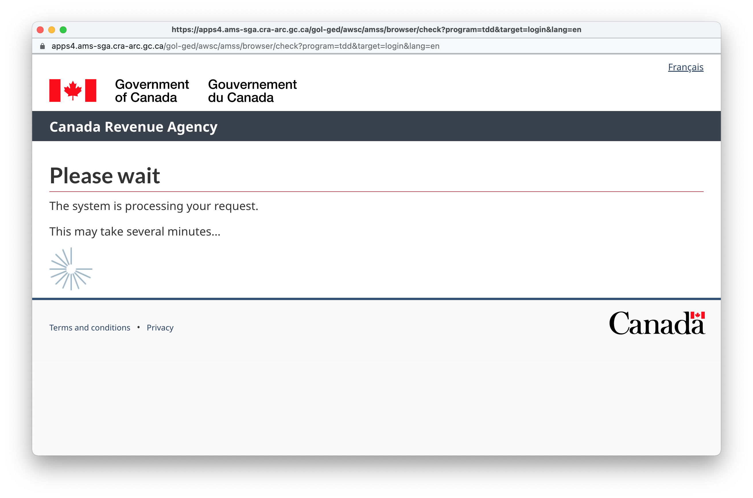 A screenshot of the Canada Revenue Agency login screen, with a message saying: “Please wait. The system is processing your request. This may take several minutes…”