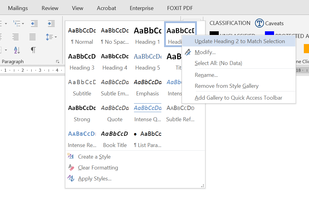 A screenshot of Microsoft Word 2013, showing the Styles panel while right-clicking on the Heading 2 style and choosing “Update Heading 2 to Match Selection”.