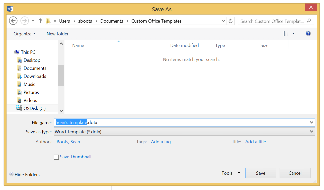 A screenshot of Microsoft Word 2013, showing the “Save As” prompt with a “Word Template (*.dotx)” file type selected in the “Custom Office Templates” folder.
