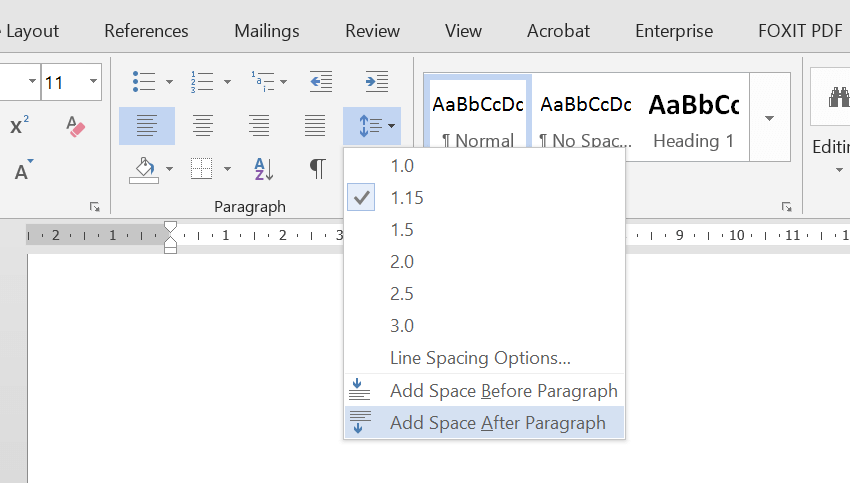 A screenshot of Microsoft Word 2013, with the Line Spacing dropdown open and “Add Space After Paragraph” selected.