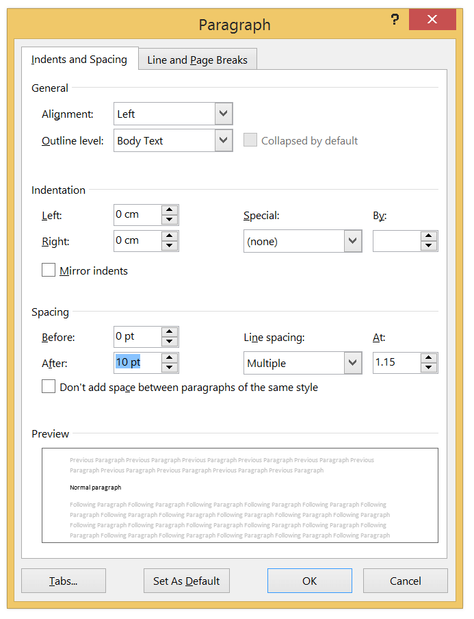 A screenshot of Microsoft Word 2013’s Paragraph dialog, with “10 pt” of spacing added after each paragraph.