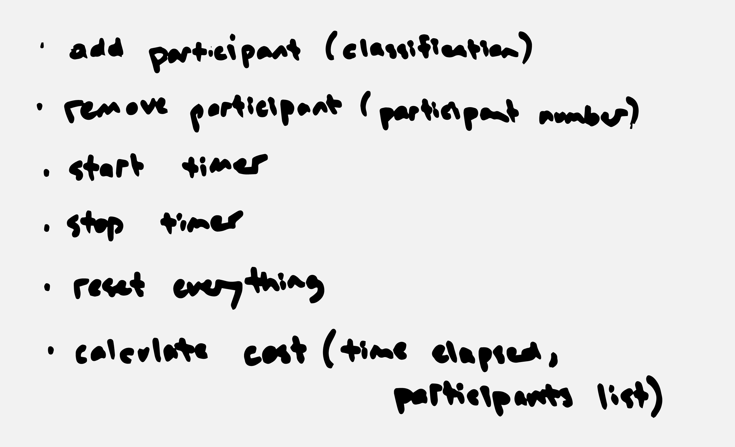 A hand-drawn list of example functions for the Meeting Cost Calculator: add participants (with a specified classification), remove participants (with a participant number), start the timer, stop the timer, reset everything, and calculate the cost (with time elapsed and a participant list).