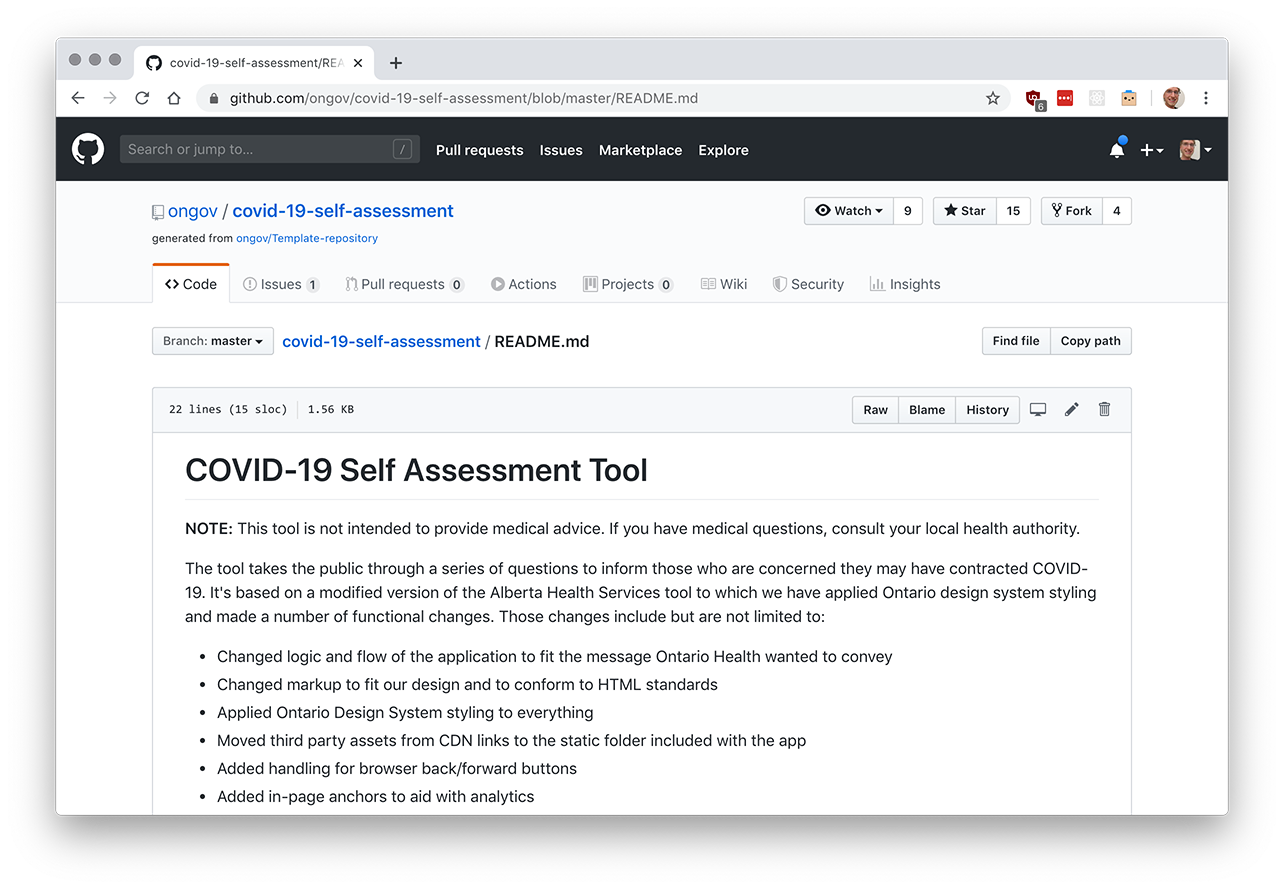 A screenshot of the Government of Ontario’s COVID-19 online self-assessment tool source codeon GitHub, with a thanks to Alberta Health Services included in the Readme file.