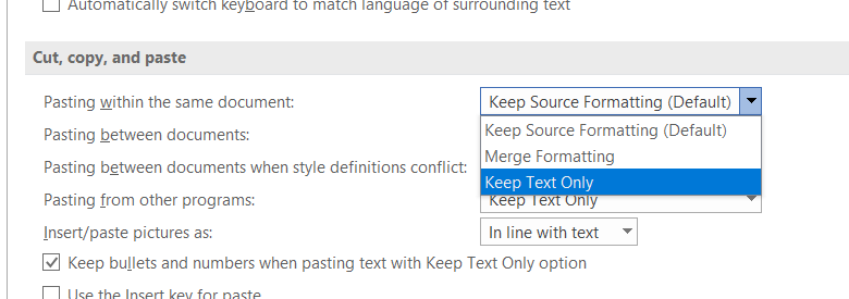 A screenshot of Microsoft Word’s “Word Options” window, with the dropdown next to “Pasting within the same document” set to “Keep Text Only”.