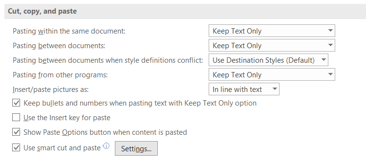 A screenshot of Microsoft Word’s “Word Options” window, with dropdown menus that say “Keep Text Only”, “Keep Text Only”, “Use Destination Styles (Default)”, and “Keep Text Only”.