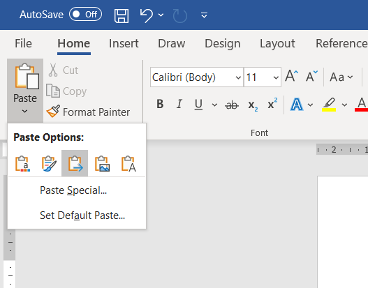 pasting text with source formatting in word