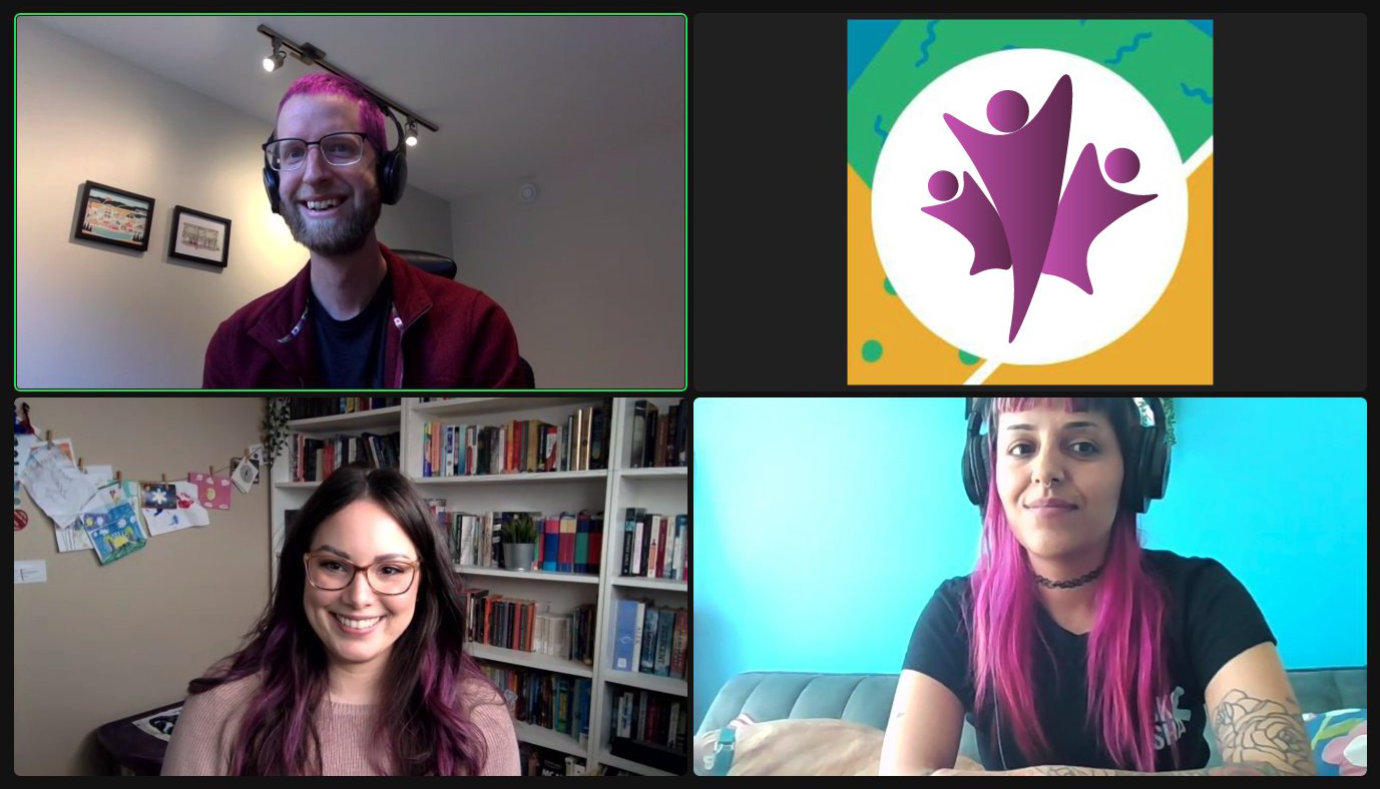 A screenshot from Zoom of the podcast host and participants, all with purple hair. The FYN logo also appears in one of the grid squares, coloured purple.